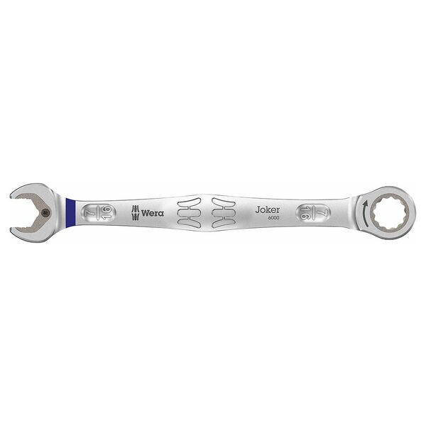A Wera JOKER 7/16" Joker Ratcheting Combination Wrench with a blue handle on a white background.