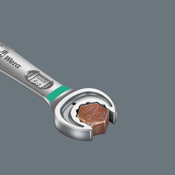 A Wera JOKER 7/16" Joker Ratcheting Combination Wrench with a blue handle on a white background.