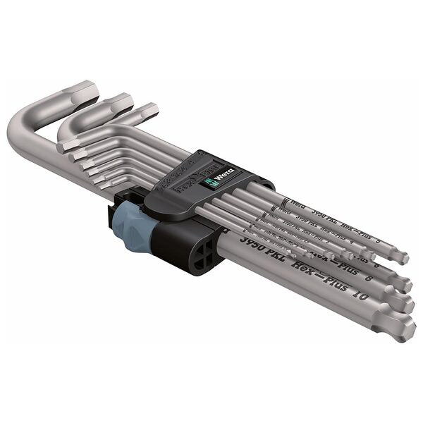 A set of Wera Metric Hex-Plus Stainless Steel L-Key Wrench Set (9-Piece Set) - head hex - head hex - head hex - head he.