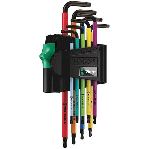 A set of multi colored Wera TORX L-Key Wrench Set (9-Piece) thermoplastic sleeve hex hammers and pliers with L-keys.