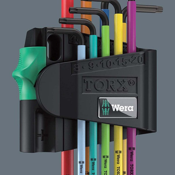 A set of multi colored Wera TORX L-Key Wrench Set (9-Piece) thermoplastic sleeve hex hammers and pliers with L-keys.