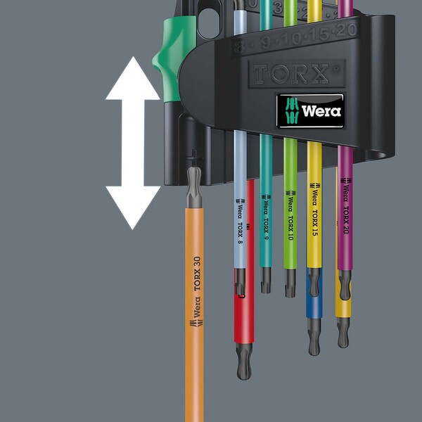 A set of multi colored Wera TORX L-Key Wrench Set (9-Piece) thermoplastic sleeve hex hammers and pliers with L-keys.