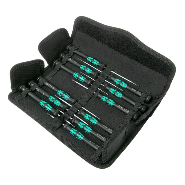 A black case containing a Wera Kraftform Micro Pack Screwdriver for Electronic Applications 12 Piece Set.