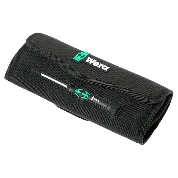 A black case containing a Wera Kraftform Micro Pack Screwdriver for Electronic Applications 12 Piece Set.