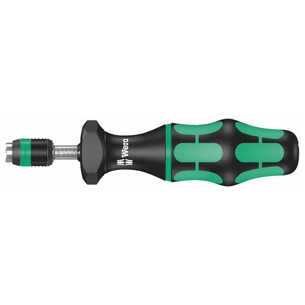 A black and green Wera Adjustable Torque Screwdriver with Quick Release Chuck on a white background.