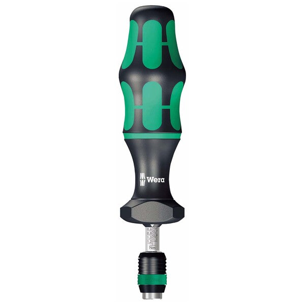 A black and green Wera Adjustable Torque Screwdriver with Quick Release Chuck on a white background.