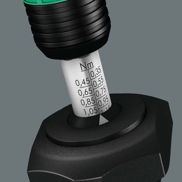 A black and green Wera Adjustable Torque Screwdriver with Quick Release Chuck on a white background.