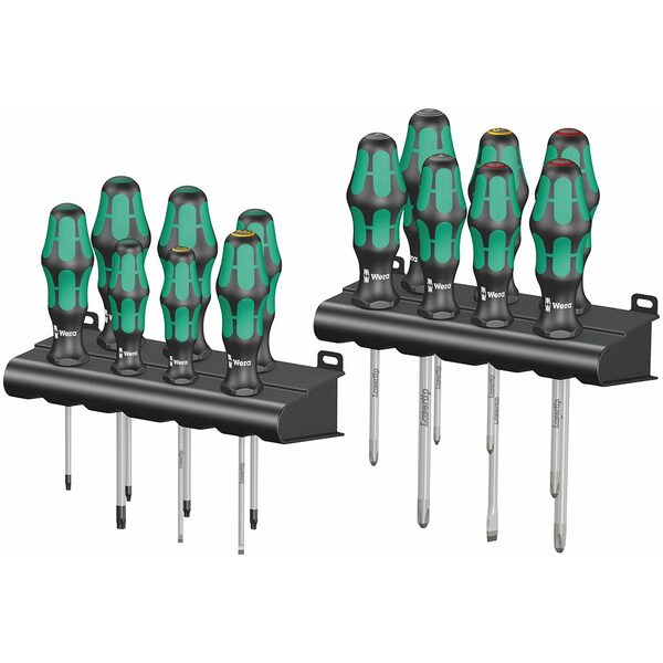 A Wera KRAFTFORM Screwdriver Set with Racks (16-Piece Set) in a holder.