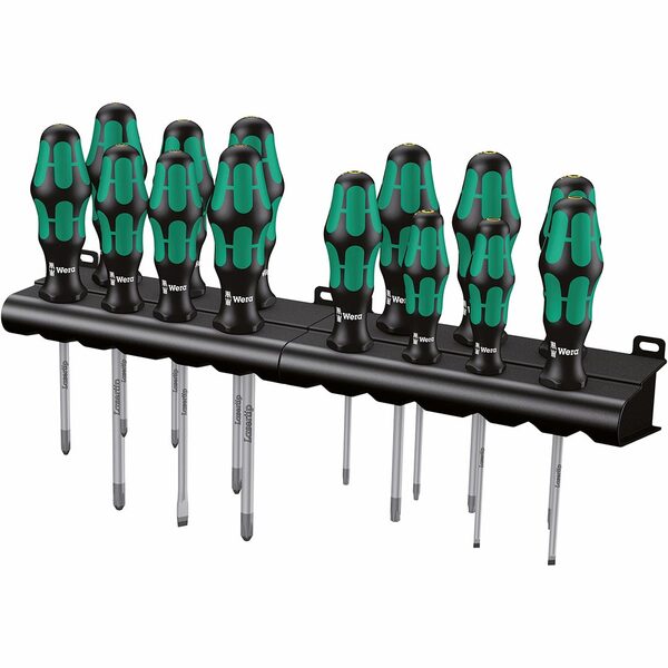 A Wera KRAFTFORM Screwdriver Set with Racks (16-Piece Set) in a holder.