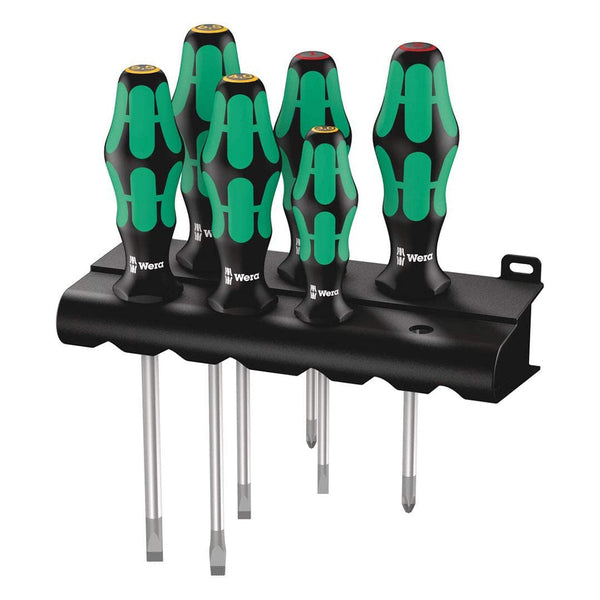 A set of Wera Laser Etched Tip Screwdrivers in a black holder.