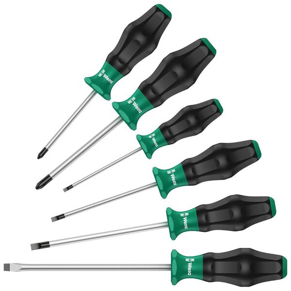 A set of Wera Laser Etched Tip Screwdrivers in a black holder.