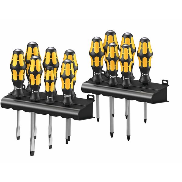 A Wera KRAFTFORM BIG PACK SERIES 900 Screwdriver Set with Racks (15-Piece Set) in a black holder.