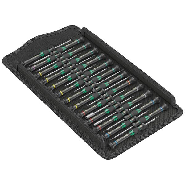 A black tray filled with a Wera Kraftform Micro Big Pack Screwdriver for Electronic Applications 25 Piece Set.