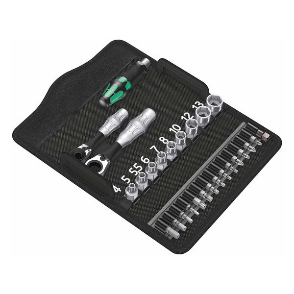 A versatile tool set that includes the Wera Kompakt Zyklop Mini 2 Metric Socket/Bit Driver Set (27-Piece Set), a ratchet, and a variety of metric sockets and screwdriver bits.