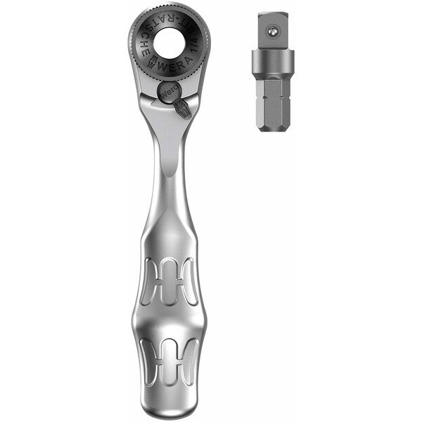 A versatile tool set that includes the Wera Kompakt Zyklop Mini 2 Metric Socket/Bit Driver Set (27-Piece Set), a ratchet, and a variety of metric sockets and screwdriver bits.