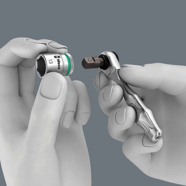 A versatile tool set that includes the Wera Kompakt Zyklop Mini 2 Metric Socket/Bit Driver Set (27-Piece Set), a ratchet, and a variety of metric sockets and screwdriver bits.
