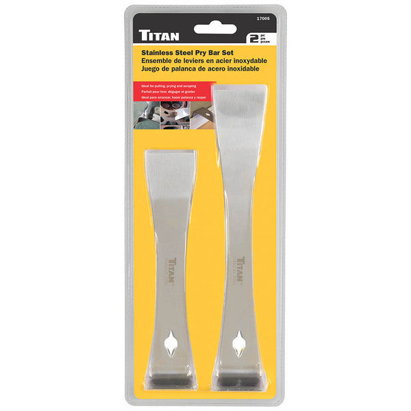 A pair of Titan Tool 2 pc Stainless Steel Pry Bar/Scraper Set with the word tyne on them.
