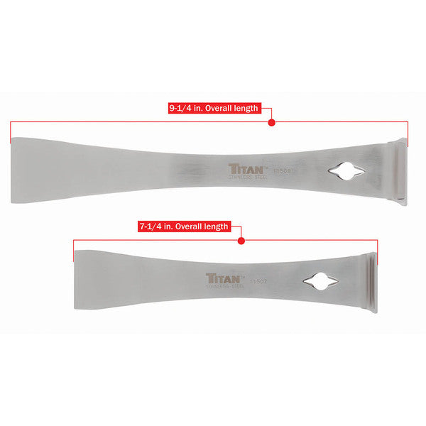 A pair of Titan Tool 2 pc Stainless Steel Pry Bar/Scraper Set with the word tyne on them.