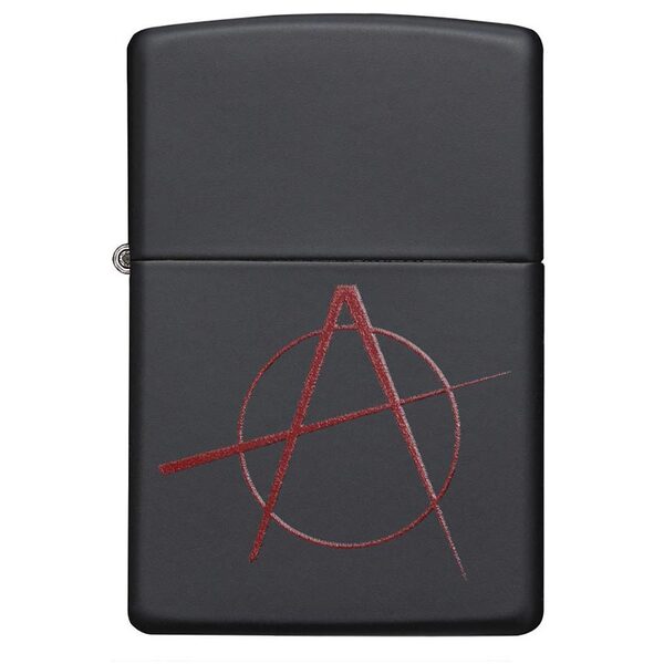 A Zippo Windproof Lighter Red Anarchy Symbol Black Matte with an anarchy symbol on it.