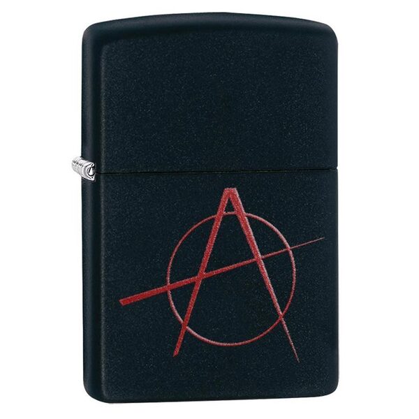 A Zippo Windproof Lighter Red Anarchy Symbol Black Matte with an anarchy symbol on it.