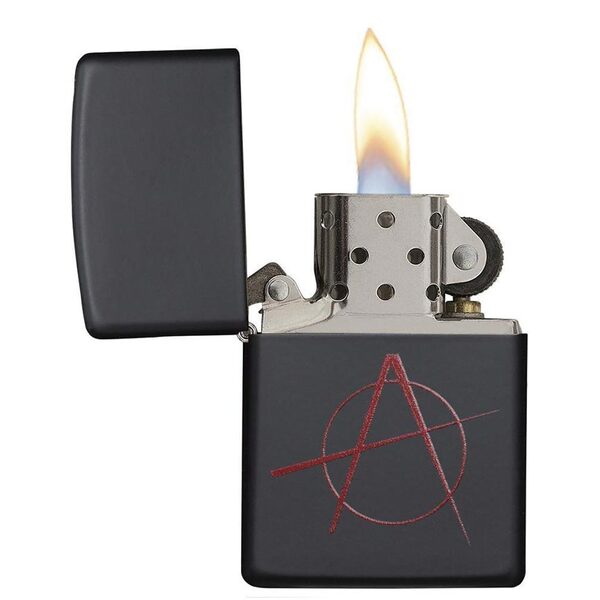 A Zippo Windproof Lighter Red Anarchy Symbol Black Matte with an anarchy symbol on it.
