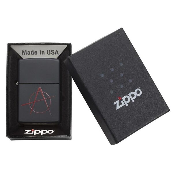 A Zippo Windproof Lighter Red Anarchy Symbol Black Matte with an anarchy symbol on it.