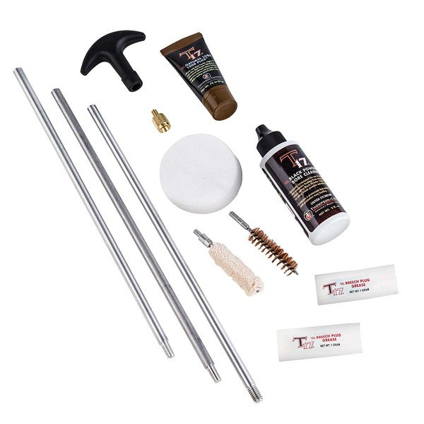 An upgraded TC T17 BLACKPOWDER CLEANING KIT with a brush and a ramrod for muzzleloading rifles, offering a comprehensive cleaning accessory kit.