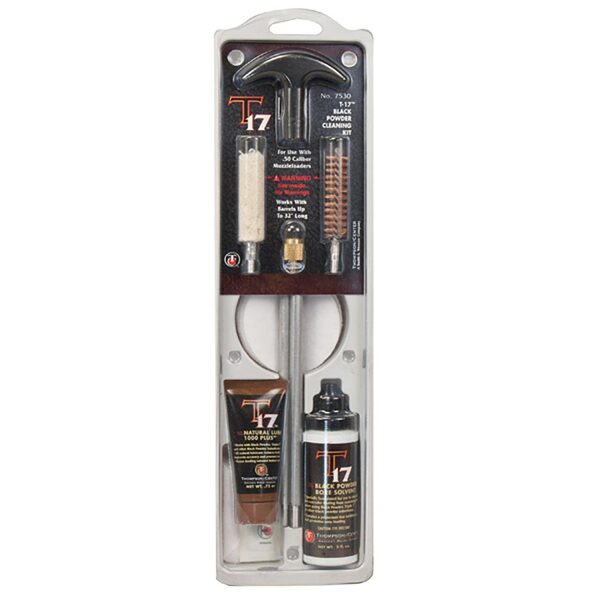 An upgraded TC T17 BLACKPOWDER CLEANING KIT with a brush and a ramrod for muzzleloading rifles, offering a comprehensive cleaning accessory kit.
