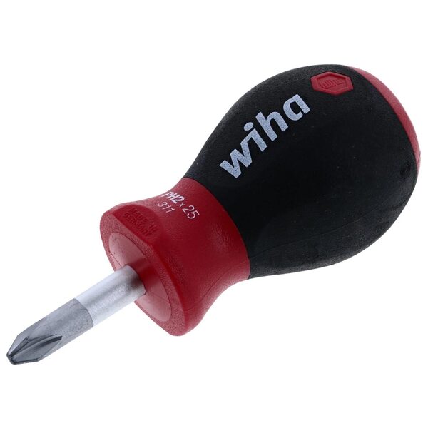 A Wiha SoftFinish Phillips Stubby Screwdriver PH #2 x 25mm with a red and black handle.
