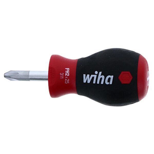 A Wiha SoftFinish Phillips Stubby Screwdriver PH #2 x 25mm with a red and black handle.