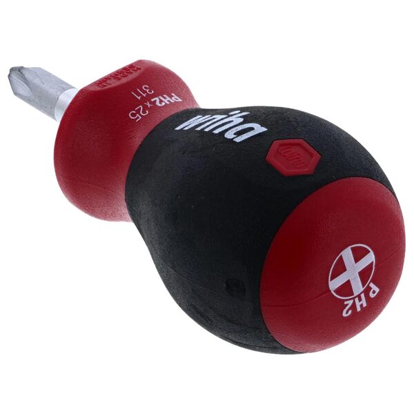 A Wiha SoftFinish Phillips Stubby Screwdriver PH #2 x 25mm with a red and black handle.