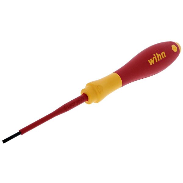 A red and yellow Wiha Insulated SoftFinish Slotted Screwdriver 2.5mm x 75mm with a yellow handle.