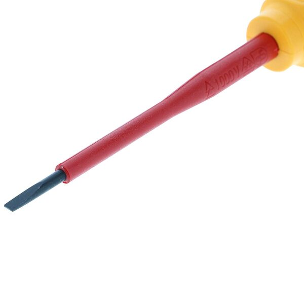 A red and yellow Wiha Insulated SoftFinish Slotted Screwdriver 2.5mm x 75mm with a yellow handle.