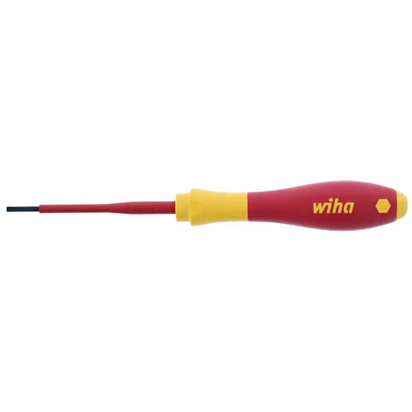 A red and yellow Wiha Insulated SoftFinish Slotted Screwdriver 2.5mm x 75mm with a yellow handle.