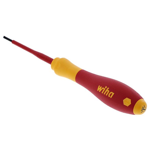 A red and yellow Wiha Insulated SoftFinish Slotted Screwdriver 2.5mm x 75mm with a yellow handle.