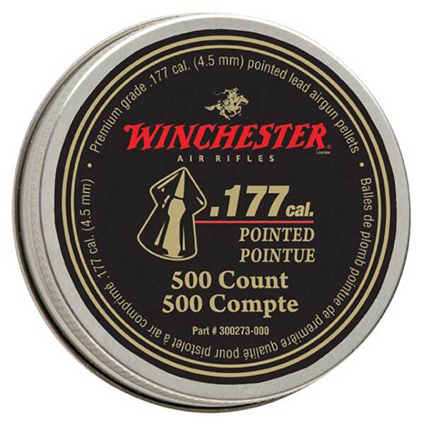 A tin of Winchester (406) .177 cal Pointed Pellets (500 count), perfect for pest control.