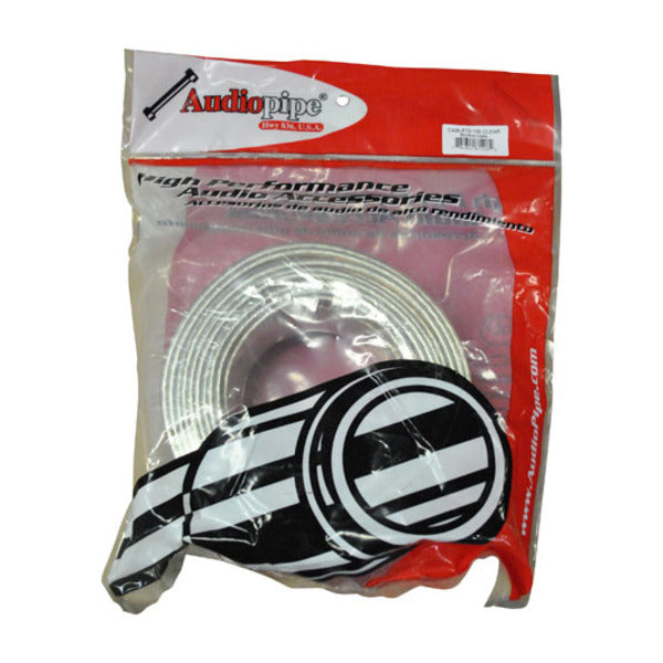 A SPEAKER WIRE 12GA 100' CLEAR AUDIOPIPE POLY BAG package with a pair of CLEAR wires in it.