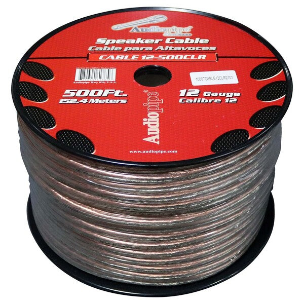 A SPEAKER WIRE AUDIOPIPE 12GA 500' CLEAR spool of clear speaker cable on a white background.