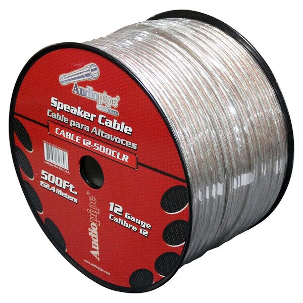 A SPEAKER WIRE AUDIOPIPE 12GA 500' CLEAR spool of clear speaker cable on a white background.