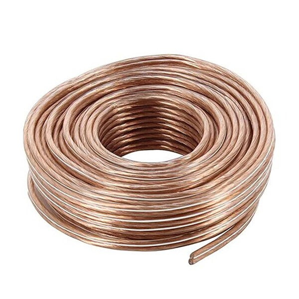 A SPEAKER WIRE AUDIOPIPE 12GA 500' CLEAR spool of clear speaker cable on a white background.