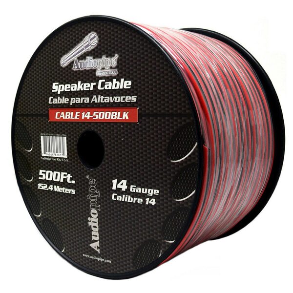 SPEAKER CABLE 14 GA. 500' AUDIOPIPE; RED + BLACK is available in a 500 ft length.