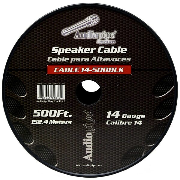 SPEAKER CABLE 14 GA. 500' AUDIOPIPE; RED + BLACK is available in a 500 ft length.