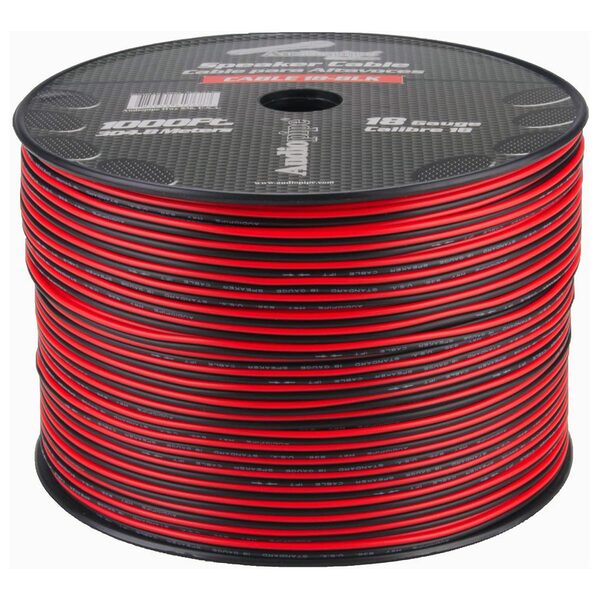 A spool of SPEAKER CABLE 18 GA. 1000' AUDIOPIPE; RED + BLACK, measuring 1000'.