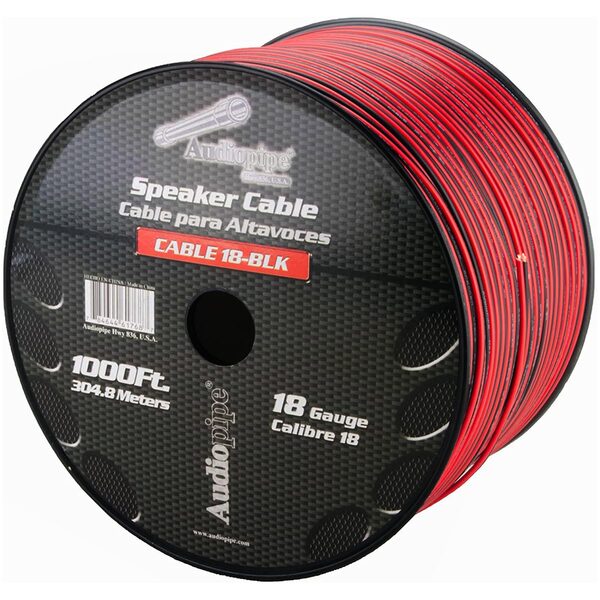 A spool of SPEAKER CABLE 18 GA. 1000' AUDIOPIPE; RED + BLACK, measuring 1000'.