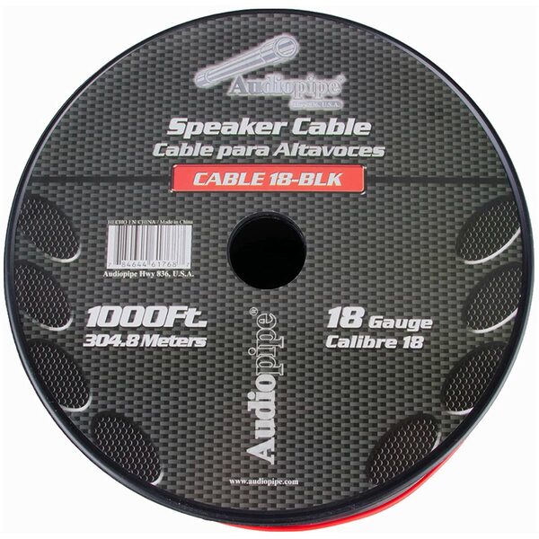 A spool of SPEAKER CABLE 18 GA. 1000' AUDIOPIPE; RED + BLACK, measuring 1000'.