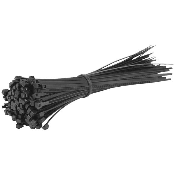 A bunch of XScorpion (CT4.1) wire ties 4" black 1000 pcs per bag neatly secured with wire ties on a white background.