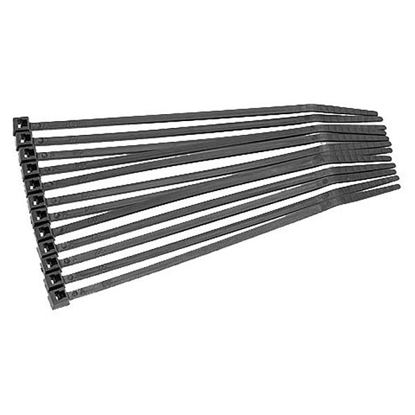 A bunch of XScorpion (CT4.1) wire ties 4" black 1000 pcs per bag neatly secured with wire ties on a white background.