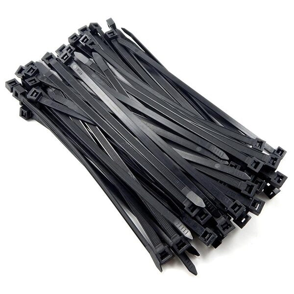 A pile of WIRE TIES 6" BLACK NIPPON 100 PCS on a white background.