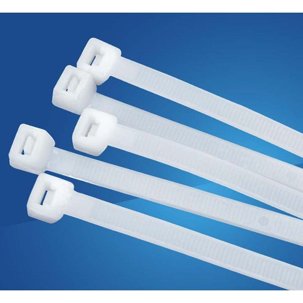 Four XScorpion 8" White Wire Ties (100 pcs) on a blue background.