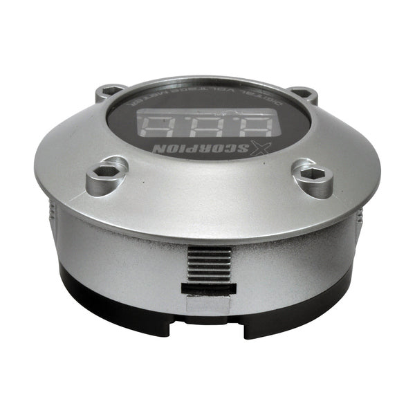 A XScorpion digital voltmeter with a black face, mounted flush on a silver aluminum finish housing.